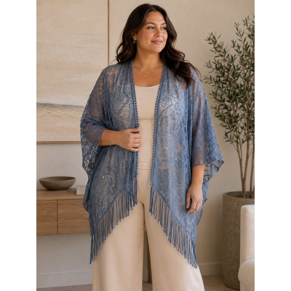 Mixit Kimono Wrap Women One Size Blue Lace Fringe Boho Floral Romantic Festival
